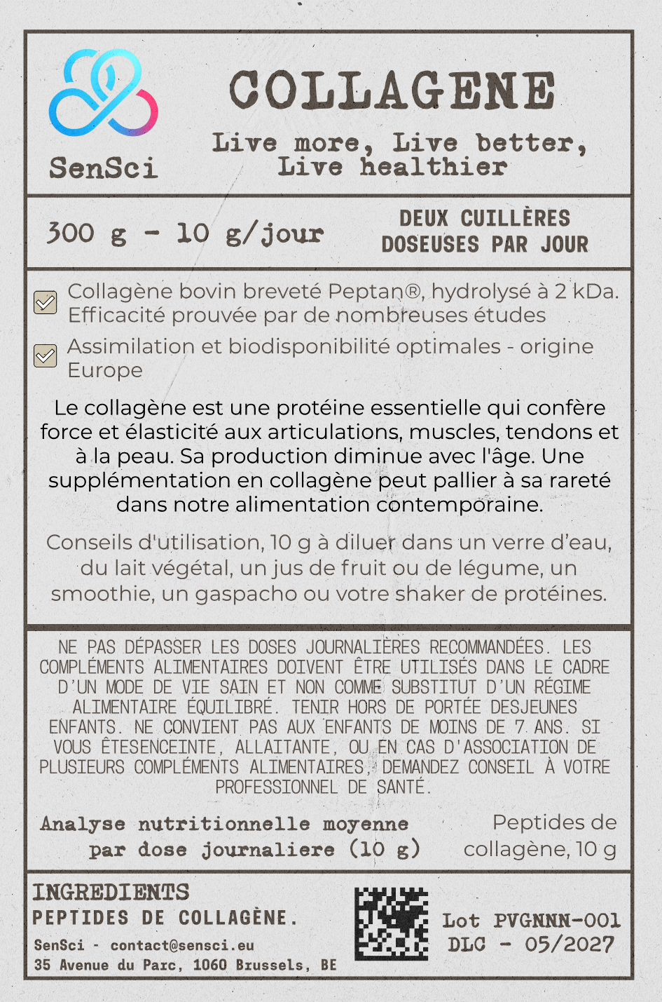 SenSci Collagène Peptides Peptan B - 10g peptides collagène bovin type I