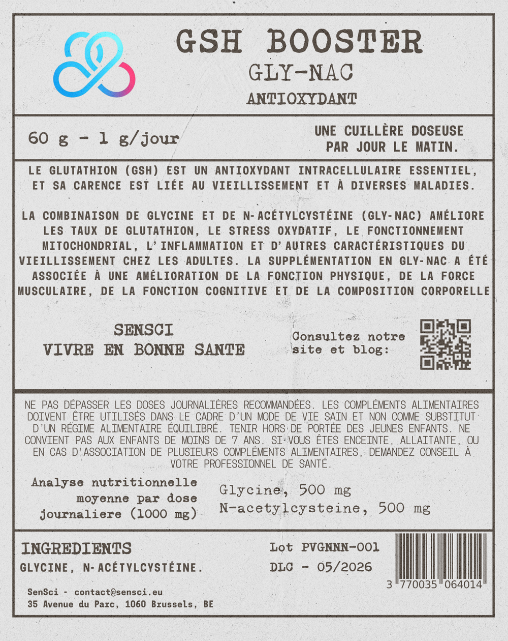 SenSci GSH Booster — NAC 500mg + Glycine 500mg — Protocole GlyNAC