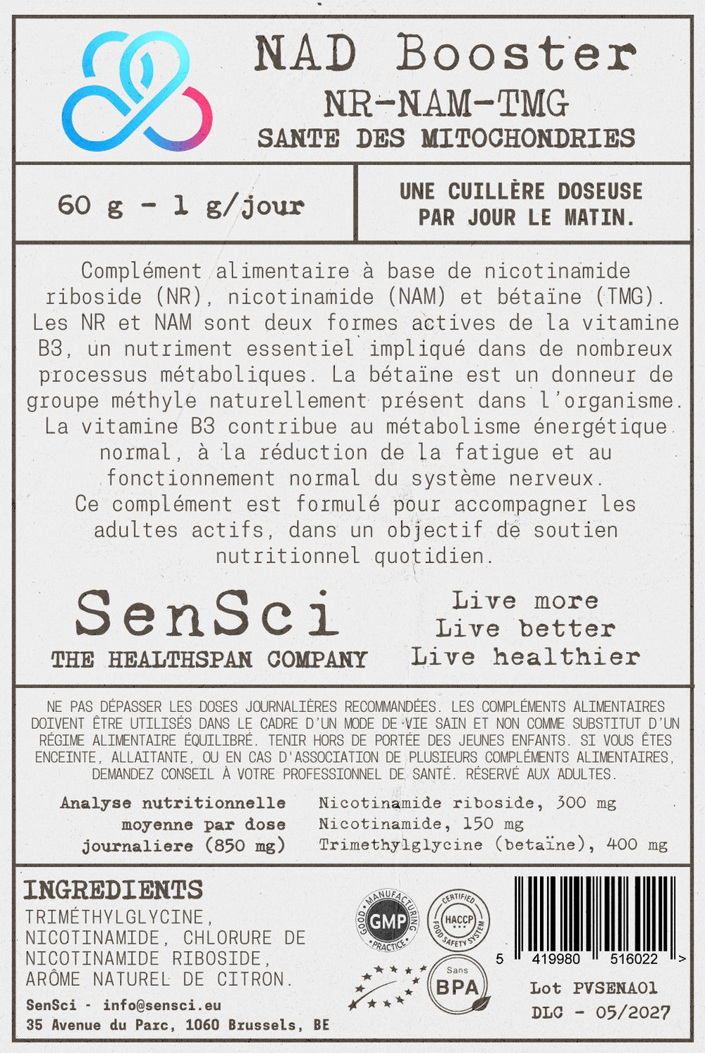 SenSci NAD Booster - Nicotinamide Riboside NR 300mg + TMG - Complément NAD⁺